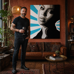 Ručne maľovaný POP Art obraz BEYONCÉ – obraz v modernom mužskom interiéri, lifestyle vizualizácia. Dominantné farby: čierna, modrá, biela, sivá, hnedá.
