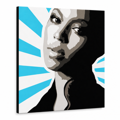 Ručne maľovaný POP Art obraz BEYONCÉ – 3D vizualizácia ručne maľovaného plátna na bielom pozadí. Dominantné farby: čierna, modrá, biela, sivá, hnedá.