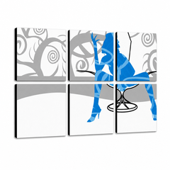 Ručne maľovaný POP Art obraz Blue Woman – 3D vizualizácia ručne maľovaného plátna na bielom pozadí. Dominantné farby: modrá, šedá, biela.