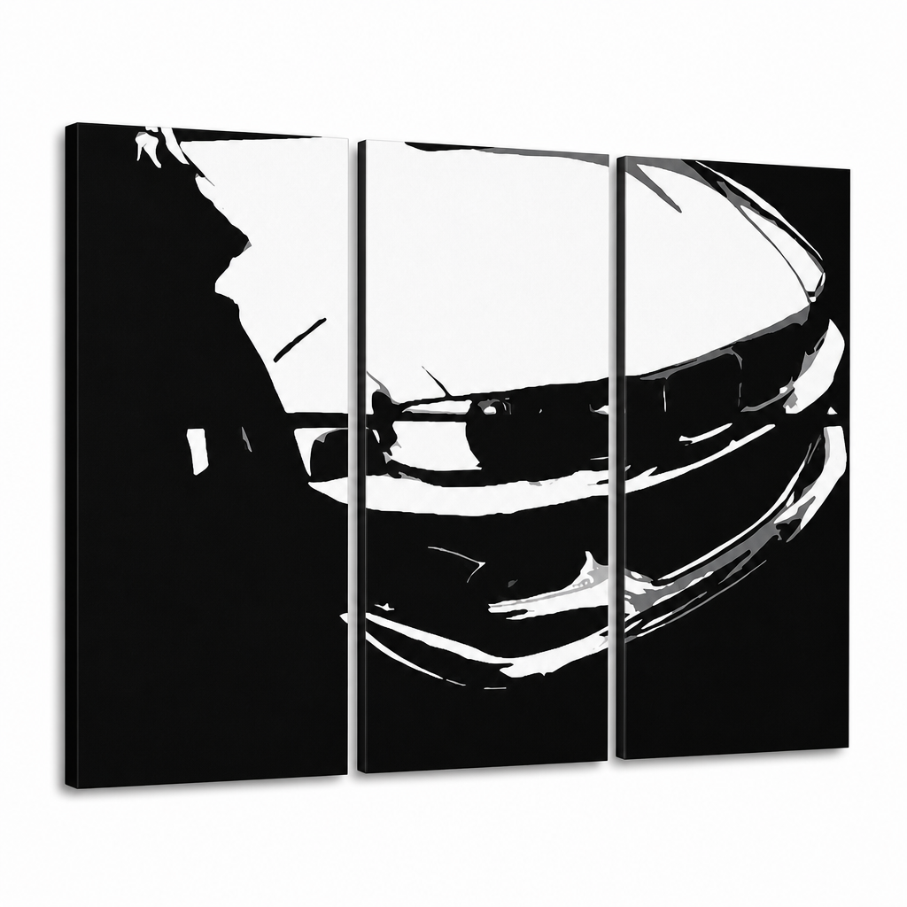 Ručne maľovaný POP Art obraz BMW M3 – 3D vizualizácia ručne maľovaného plátna na bielom pozadí. Dominantné farby: čierna, biela.