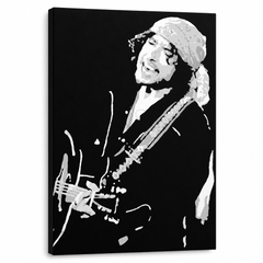 Ručne maľovaný POP Art obraz Bob Dylan – 3D vizualizácia ručne maľovaného plátna na bielom pozadí. Dominantné farby: čierna, biela, sivá.