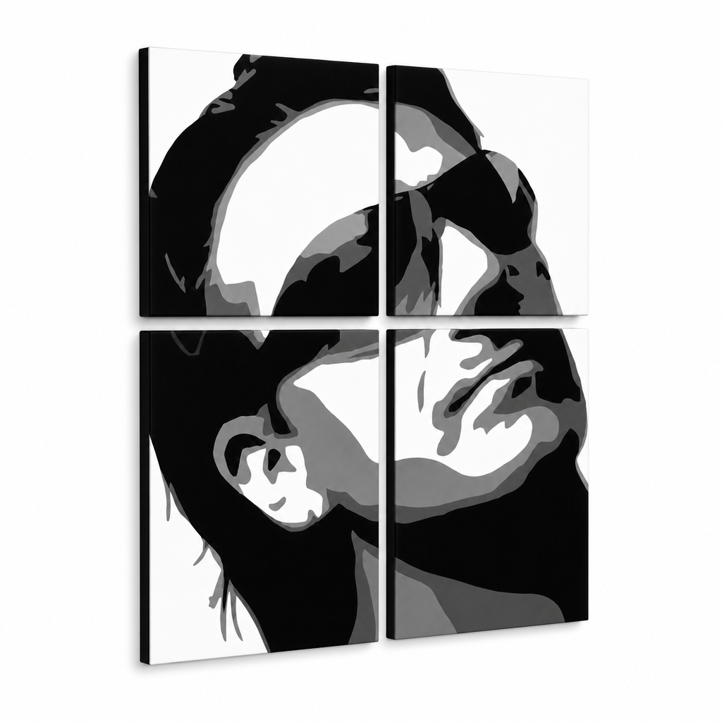 Ručne maľovaný POP Art obraz Bono-U2 – 3D vizualizácia ručne maľovaného plátna na bielom pozadí. Dominantné farby: čierna, biela, sivá.