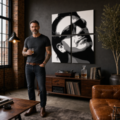 Ručne maľovaný POP Art obraz Bono-U2 – obraz v modernom mužskom interiéri, lifestyle vizualizácia. Dominantné farby: čierna, biela, sivá.