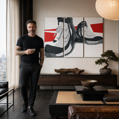 Ručne maľovaný POP Art obraz Boots – obraz v modernom mužskom interiéri, lifestyle vizualizácia. Dominantné farby: čierna, biela, červená.