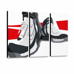 Ručne maľovaný POP Art obraz Boots – 3D vizualizácia ručne maľovaného plátna na bielom pozadí. Dominantné farby: čierna, biela, červená.