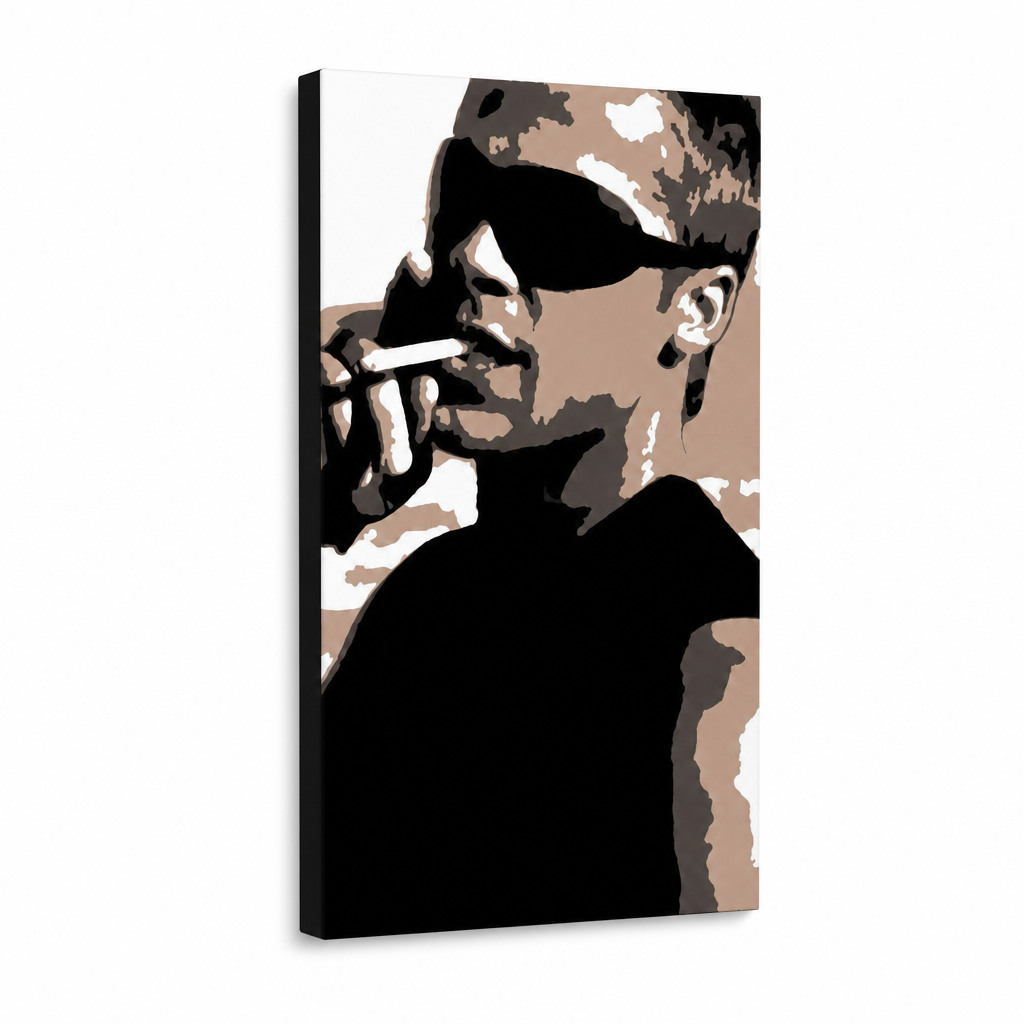 Ručne maľovaný POP Art obraz Brad Pitt – 3D vizualizácia ručne maľovaného plátna na bielom pozadí. Dominantné farby: čierna, hnedá, biela.