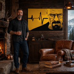 Ručne maľovaný POP Art obraz Breaking Bad – obraz v modernom mužskom interiéri, lifestyle vizualizácia. Dominantné farby: žltá, čierna, hnedá.