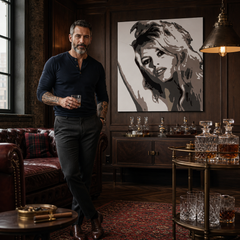 Ručne maľovaný POP Art obraz Brigitte Bardot – obraz v modernom mužskom interiéri, lifestyle vizualizácia. Dominantné farby: čierna, hnedá, béžová.