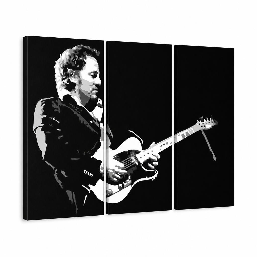 Ručne maľovaný POP Art obraz Bruce Springsteen – 3D vizualizácia ručne maľovaného plátna na bielom pozadí. Dominantné farby: čierna, biela, šedá.