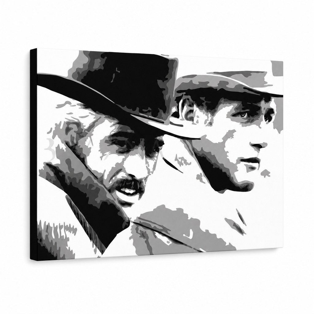 Ručne maľovaný POP Art obraz Butch Cassidy – 3D vizualizácia ručne maľovaného plátna na bielom pozadí. Dominantné farby: čierna, biela, sivá.
