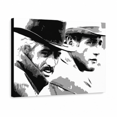 Ručne maľovaný POP Art obraz Butch Cassidy – 3D vizualizácia ručne maľovaného plátna na bielom pozadí. Dominantné farby: čierna, biela, sivá.