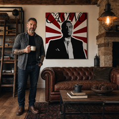 Ručne maľovaný POP Art obraz CASINO – obraz v modernom mužskom interiéri, lifestyle vizualizácia. Dominantné farby: čierna, červená, biela.