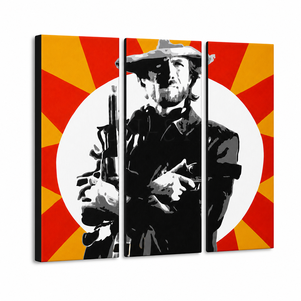 Ručne maľovaný POP Art obraz Clint Eastwood – 3D vizualizácia ručne maľovaného plátna na bielom pozadí. Dominantné farby: čierna, žltá, červená, biela.