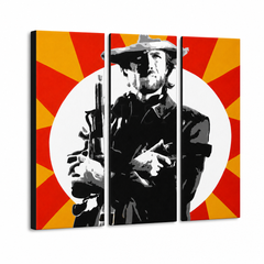 Ručne maľovaný POP Art obraz Clint Eastwood – 3D vizualizácia ručne maľovaného plátna na bielom pozadí. Dominantné farby: čierna, žltá, červená, biela.