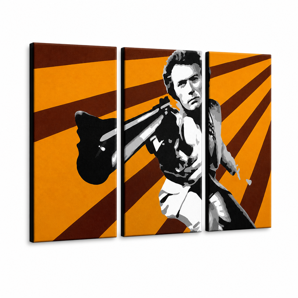 Ručne maľovaný POP Art obraz Clint Eastwood – 3D vizualizácia ručne maľovaného plátna na bielom pozadí. Dominantné farby: oranžová, hnedá, čierna.