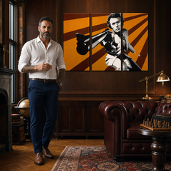 Ručne maľovaný POP Art obraz Clint Eastwood – obraz v modernom mužskom interiéri, lifestyle vizualizácia. Dominantné farby: oranžová, hnedá, čierna.
