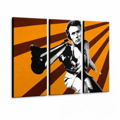 Ručne maľovaný POP Art obraz Clint Eastwood – 3D vizualizácia ručne maľovaného plátna na bielom pozadí. Dominantné farby: oranžová, hnedá, čierna.