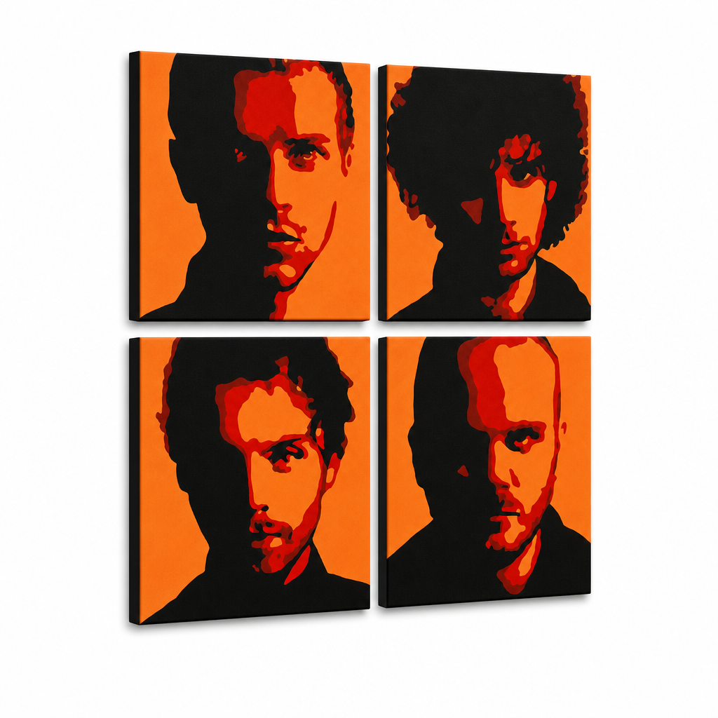 Ručne maľovaný POP Art obraz Coldplay – 3D vizualizácia ručne maľovaného plátna na bielom pozadí. Dominantné farby: čierna, oranžová, červená.
