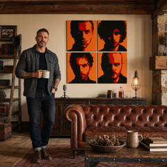 Ručne maľovaný POP Art obraz Coldplay – obraz v modernom mužskom interiéri, lifestyle vizualizácia. Dominantné farby: čierna, oranžová, červená.