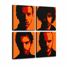 Ručne maľovaný POP Art obraz Coldplay – 3D vizualizácia ručne maľovaného plátna na bielom pozadí. Dominantné farby: čierna, oranžová, červená.