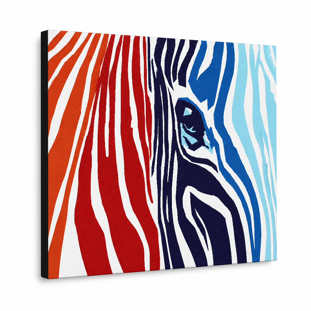 Ručne maľovaný POP Art obraz COLOURS zebra – 3D vizualizácia ručne maľovaného plátna na bielom pozadí. Dominantné farby: červená, oranzová, modrá, biela, čierna.