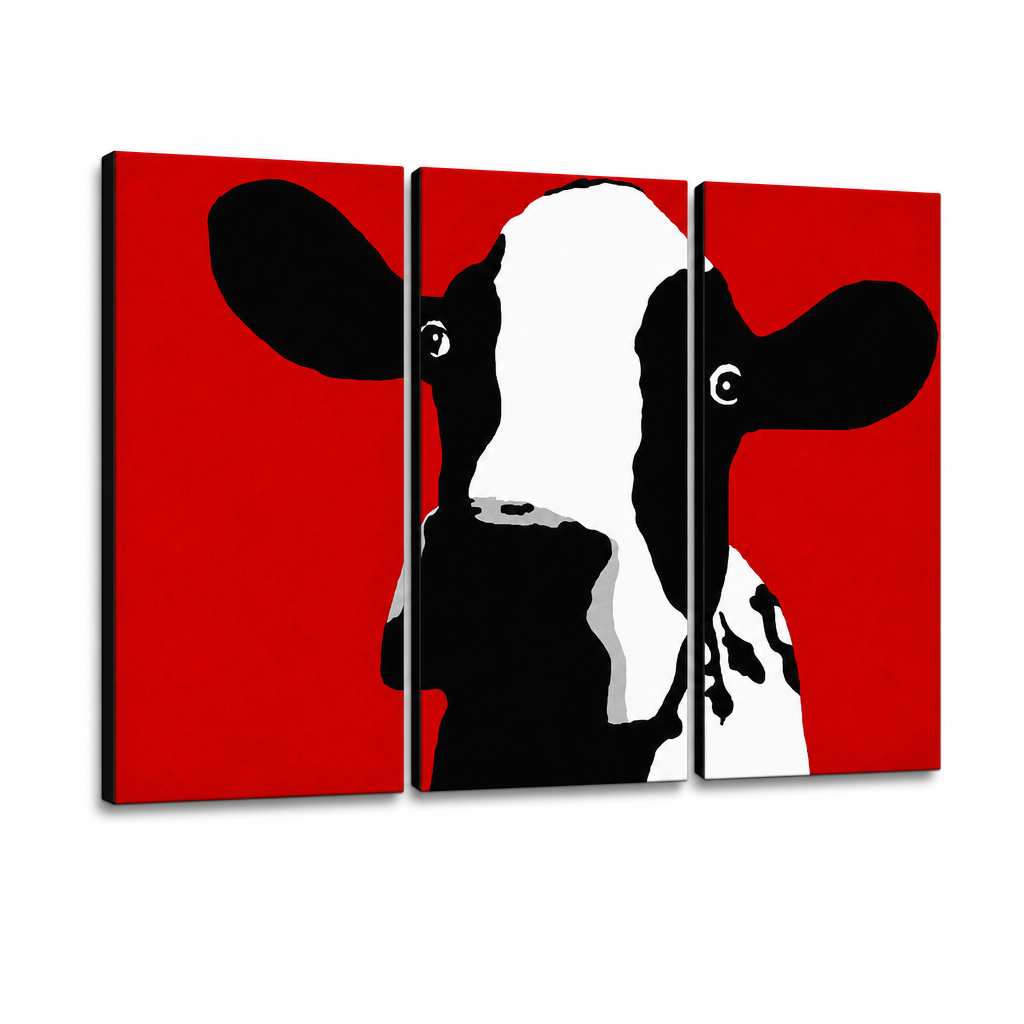 Ručne maľovaný POP Art obraz Cow – 3D vizualizácia ručne maľovaného plátna na bielom pozadí. Dominantné farby: čierna, biela, červená.