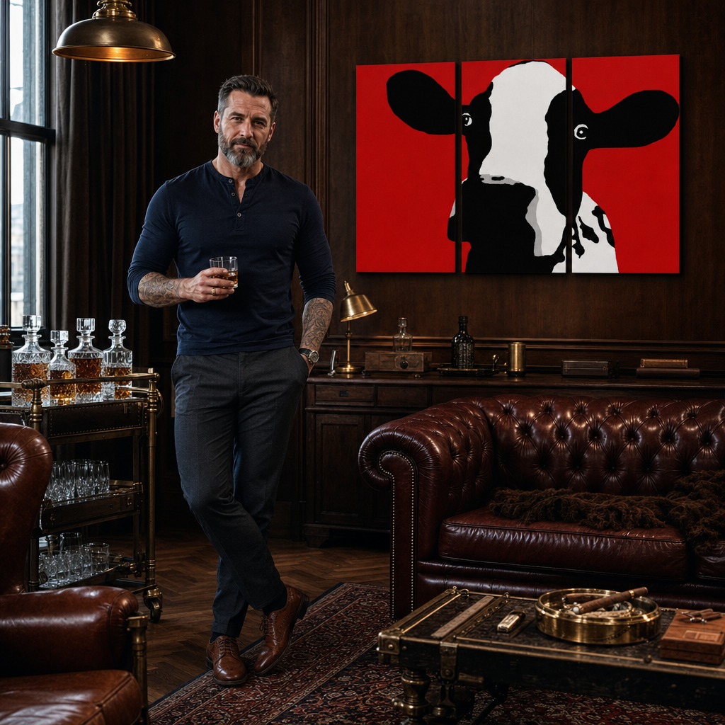 Ručne maľovaný POP Art obraz Cow – obraz v modernom mužskom interiéri, lifestyle vizualizácia. Dominantné farby: čierna, biela, červená.