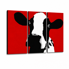 Ručne maľovaný POP Art obraz Cow – 3D vizualizácia ručne maľovaného plátna na bielom pozadí. Dominantné farby: čierna, biela, červená.