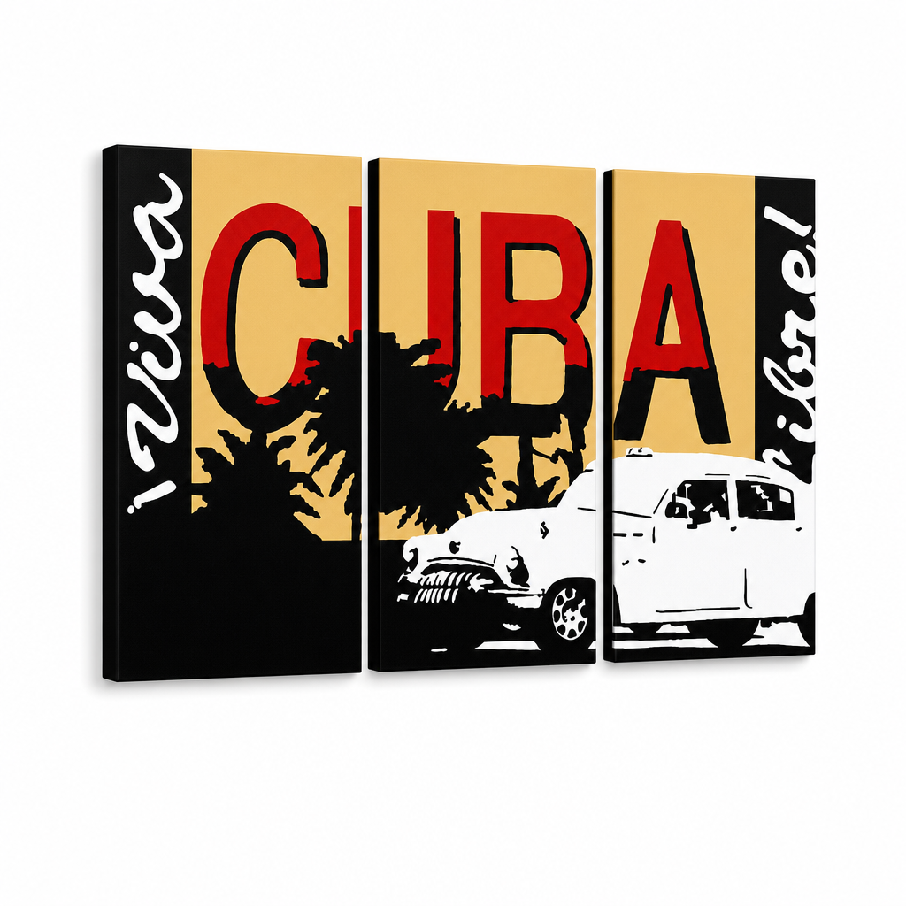 Ručne maľovaný POP Art obraz Cuba – 3D vizualizácia ručne maľovaného plátna na bielom pozadí. Dominantné farby: čierna, červená, oranžová, žltá, biela.