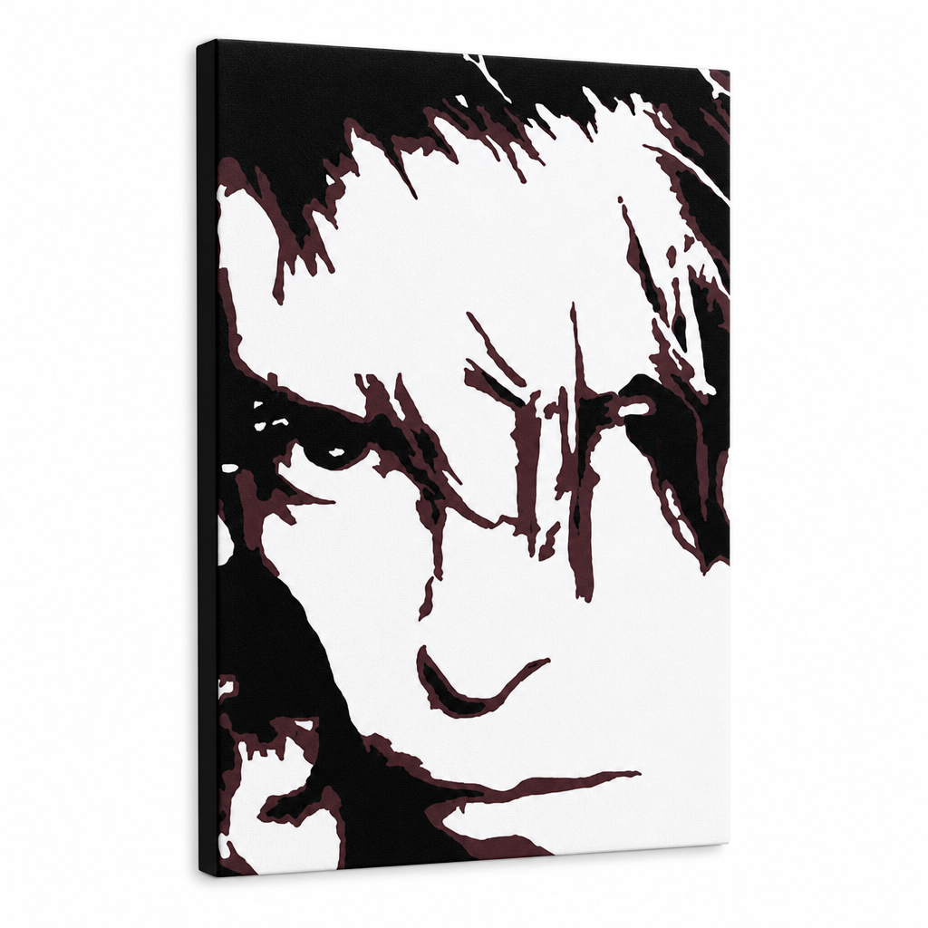 Ručne maľovaný POP Art obraz David Bowie – 3D vizualizácia ručne maľovaného plátna na bielom pozadí. Dominantné farby: čierna, hnedá, biela.