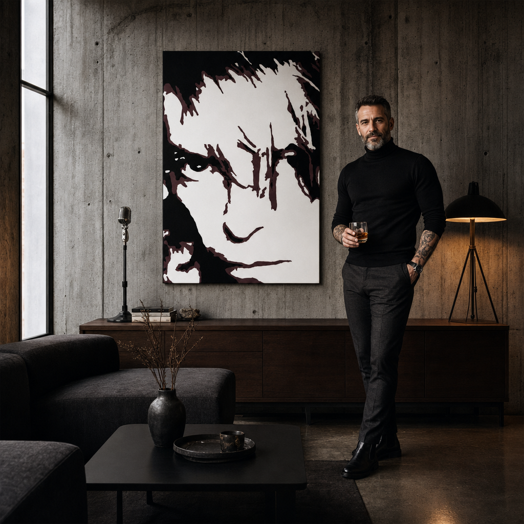 Ručne maľovaný POP Art obraz David Bowie – obraz v modernom mužskom interiéri, lifestyle vizualizácia. Dominantné farby: čierna, hnedá, biela.