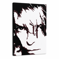 Ručne maľovaný POP Art obraz David Bowie – 3D vizualizácia ručne maľovaného plátna na bielom pozadí. Dominantné farby: čierna, hnedá, biela.
