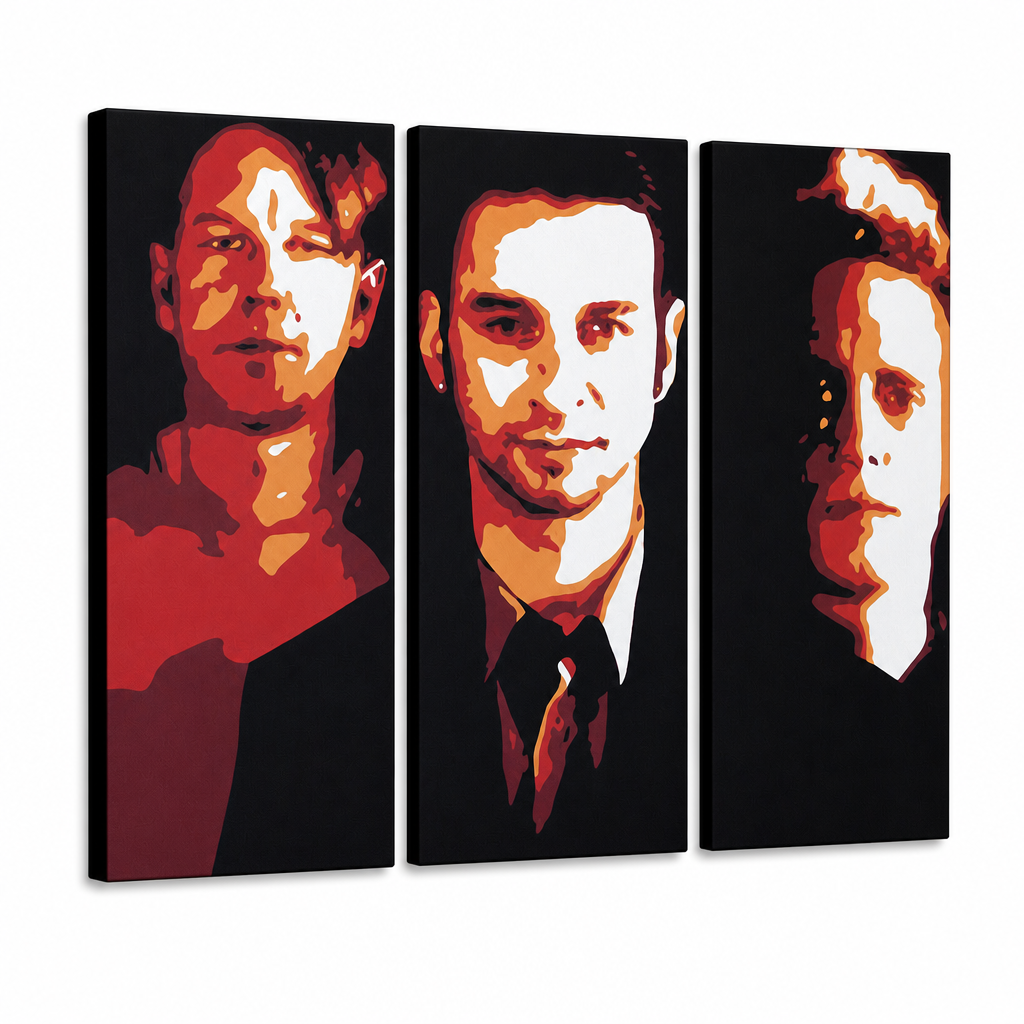Ručne maľovaný POP Art obraz Depeche Mode – 3D vizualizácia ručne maľovaného plátna na bielom pozadí. Dominantné farby: čierna, červená, oranzová, biela.
