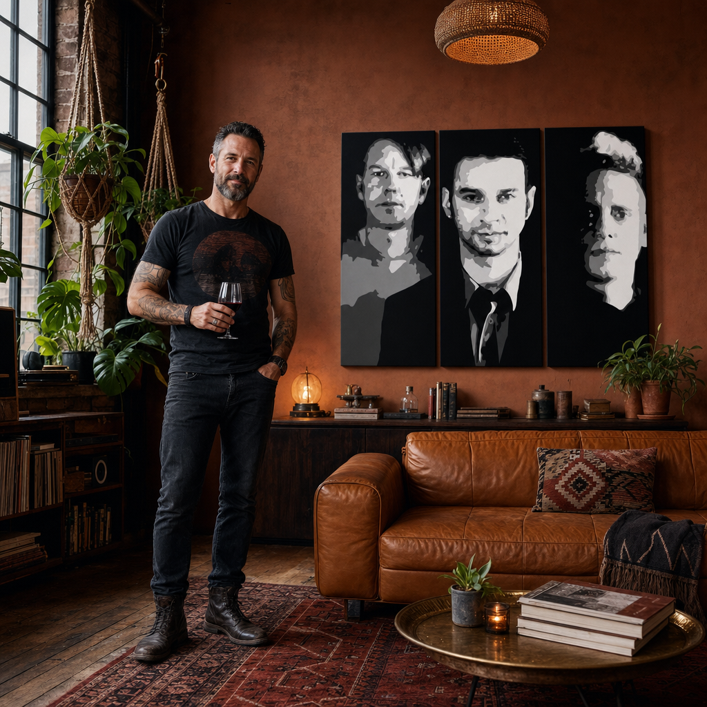 Ručne maľovaný POP Art obraz Depeche Mode – obraz v modernom mužskom interiéri, lifestyle vizualizácia. Dominantné farby: čierna, biela, šedá.