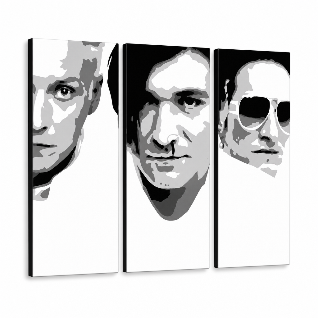 Ručne maľovaný POP Art obraz Die Ärzte – 3D vizualizácia ručne maľovaného plátna na bielom pozadí. Dominantné farby: čierna, biela, sivá.