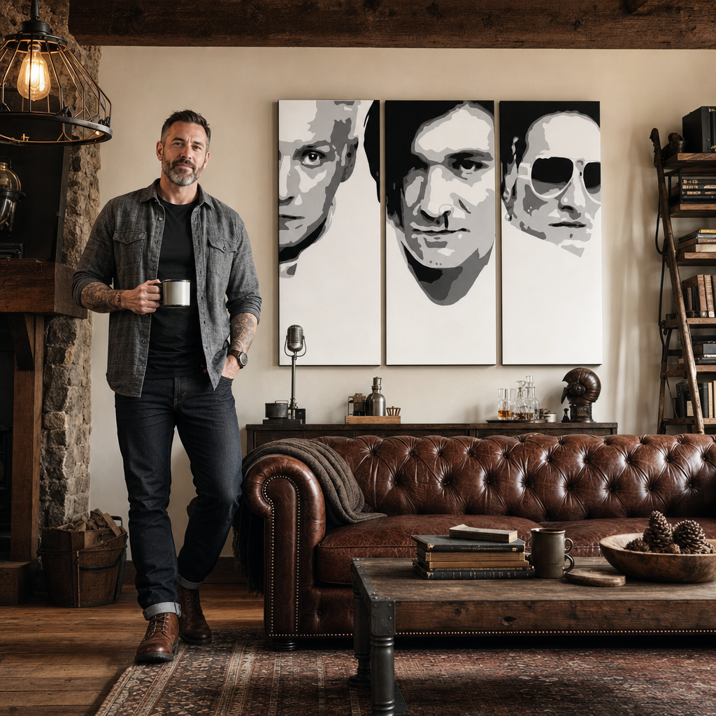 Ručne maľovaný POP Art obraz Die Ärzte – obraz v modernom mužskom interiéri, lifestyle vizualizácia. Dominantné farby: čierna, biela, sivá.
