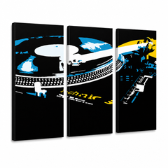 Ručne maľovaný POP Art obraz DJ – 3D vizualizácia ručne maľovaného plátna na bielom pozadí. Dominantné farby: čierna, modrá, žltá, biela.