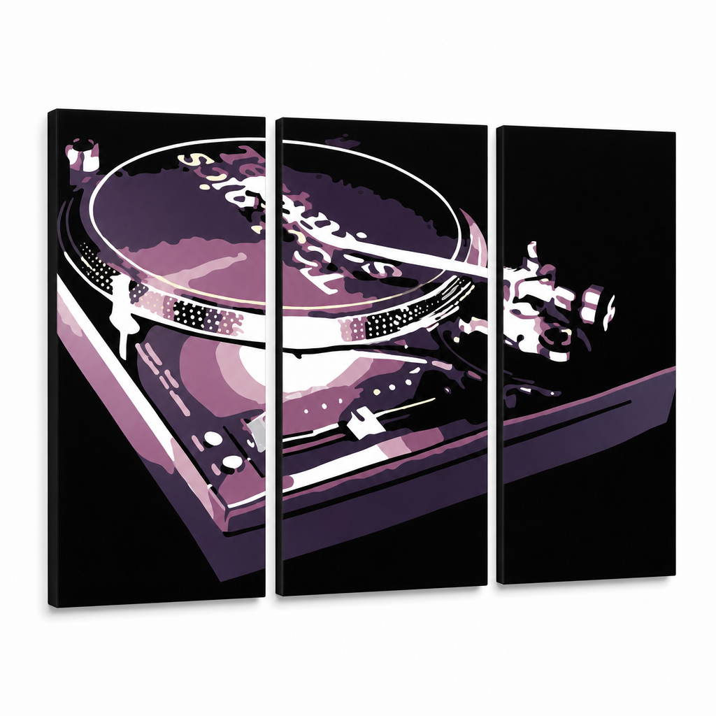 Ručne maľovaný POP Art obraz DJ – 3D vizualizácia ručne maľovaného plátna na bielom pozadí. Dominantné farby: čierna, fialová, biela.