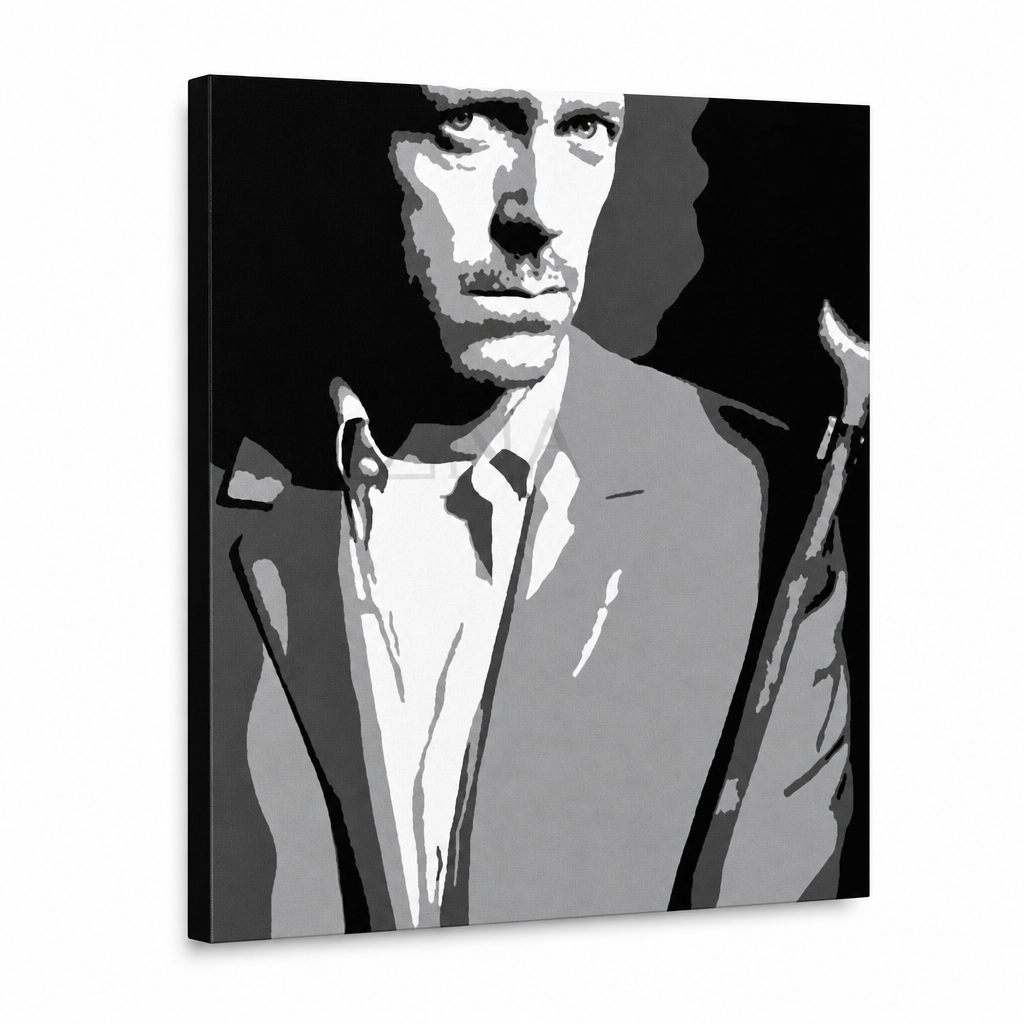 Ručne maľovaný POP Art obraz Dr. HOUSE – 3D vizualizácia ručne maľovaného plátna na bielom pozadí. Dominantné farby: čierna, biela, sivá.