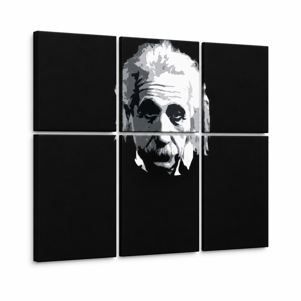 Ručne maľovaný POP Art obraz Einstein – 3D vizualizácia ručne maľovaného plátna na bielom pozadí. Dominantné farby: čierna, biela, sivá.