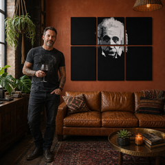 Ručne maľovaný POP Art obraz Einstein – obraz v modernom mužskom interiéri, lifestyle vizualizácia. Dominantné farby: čierna, biela, sivá.