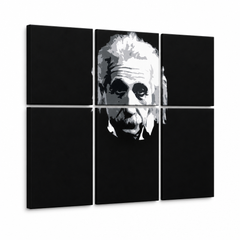 Ručne maľovaný POP Art obraz Einstein – 3D vizualizácia ručne maľovaného plátna na bielom pozadí. Dominantné farby: čierna, biela, sivá.