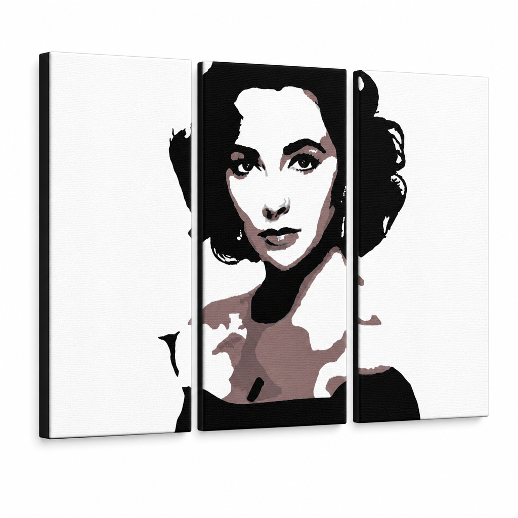 Ručne maľovaný POP Art obraz Elizabeth Taylor – 3D vizualizácia ručne maľovaného plátna na bielom pozadí. Dominantné farby: čierna, hnedá, biela.