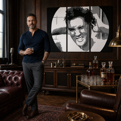 Ručne maľovaný POP Art obraz ELVIS – obraz v modernom mužskom interiéri, lifestyle vizualizácia. Dominantné farby: čierna, biela, žltá.