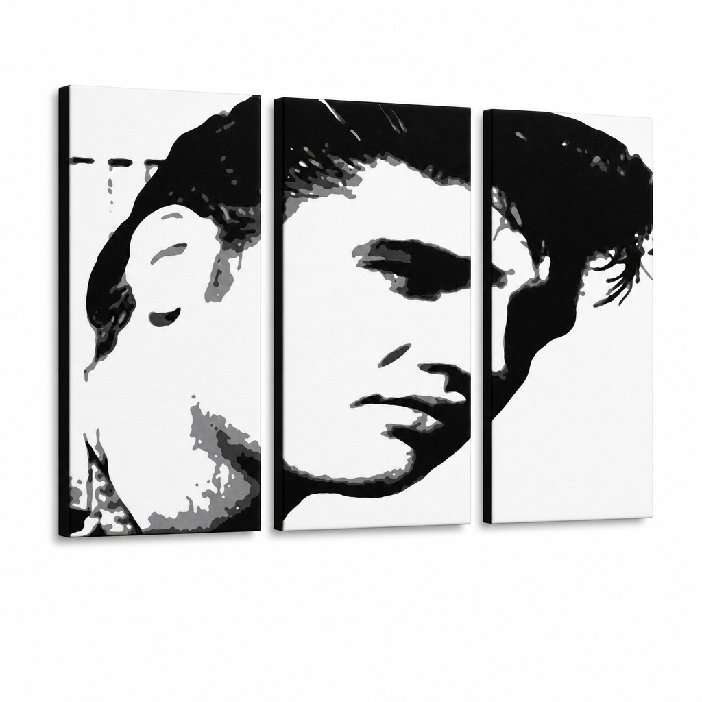 Ručne maľovaný POP Art obraz ELVIS – 3D vizualizácia ručne maľovaného plátna na bielom pozadí. Dominantné farby: čierna, biela, sivá.