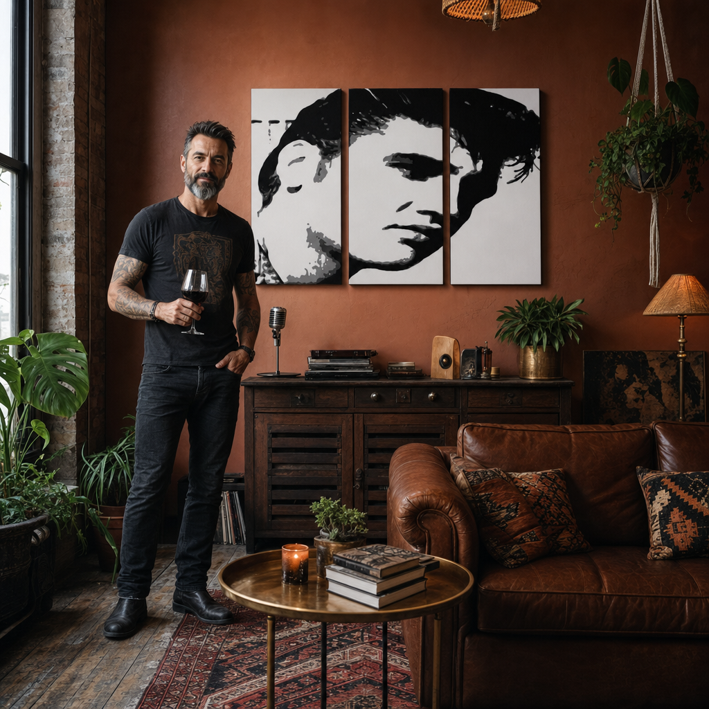 Ručne maľovaný POP Art obraz ELVIS – obraz v modernom mužskom interiéri, lifestyle vizualizácia. Dominantné farby: čierna, biela, sivá.