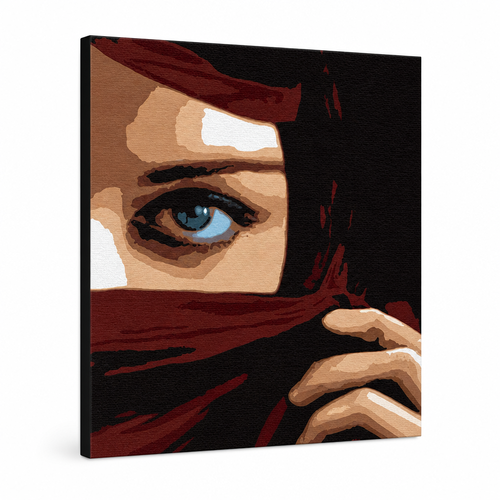 Ručne maľovaný POP Art obraz Eye – 3D vizualizácia ručne maľovaného plátna na bielom pozadí. Dominantné farby: hnedá, čierna, zelená, červená, modrá.