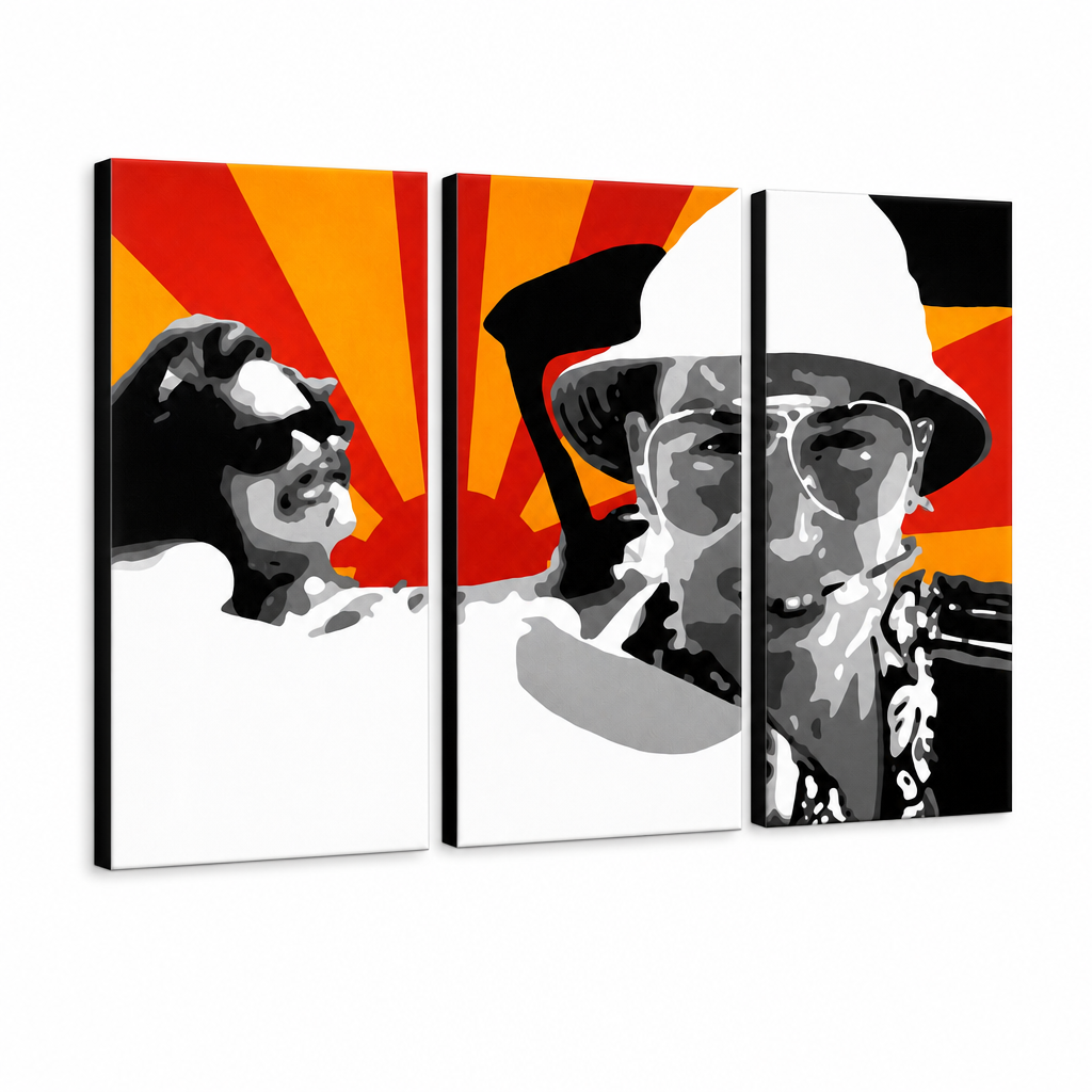 Ručne maľovaný POP Art obraz Fear and Loathing in Las Vegas – 3D vizualizácia ručne maľovaného plátna na bielom pozadí. Dominantné farby: čierna, červená, oranžová, biela, sivá.