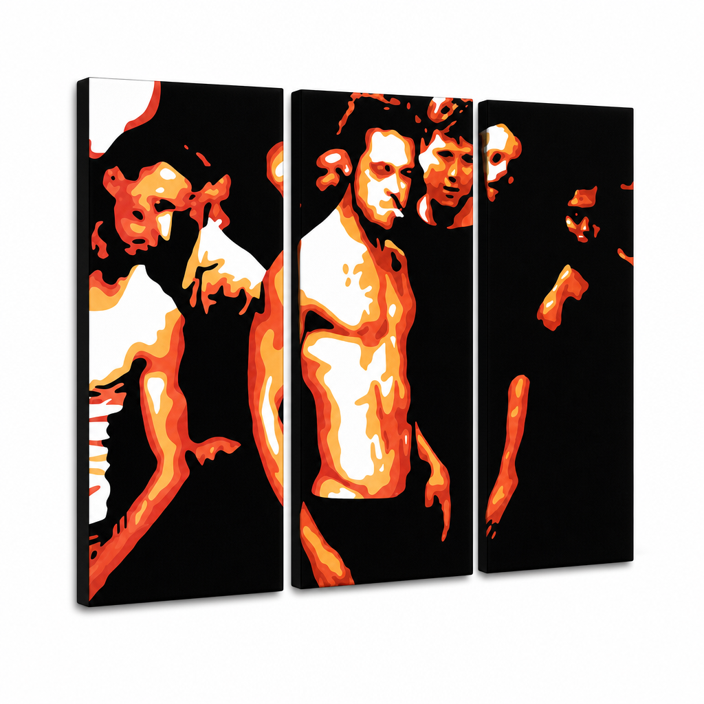 Ručne maľovaný POP Art obraz Fight Club – 3D vizualizácia ručne maľovaného plátna na bielom pozadí. Dominantné farby: čierna, oranžová, biela.