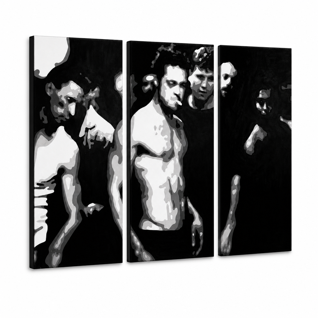 Ručne maľovaný POP Art obraz Fight Club – 3D vizualizácia ručne maľovaného plátna na bielom pozadí. Dominantné farby: čierna, biela, sivá.